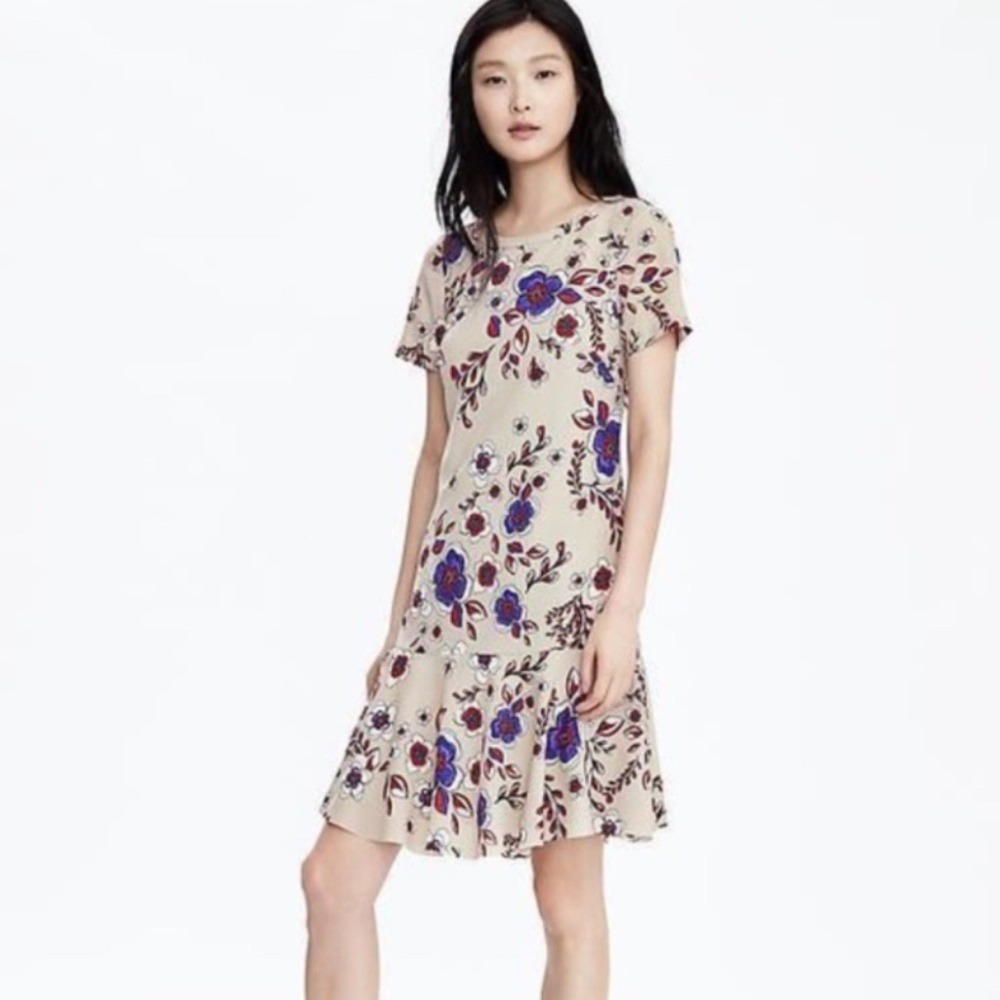 Banana Republic Floral Drop‎ Waist Dress Women 10 Tan Blue Red 311922-00